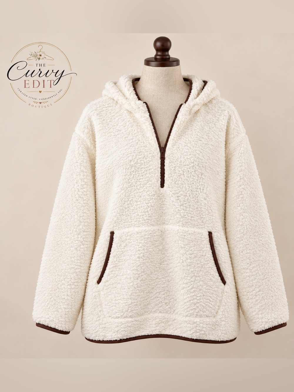 Cozy Lands’ End 1X Cream Sherpa Quarter Zip Hooded Pullover Chocolate Trim
